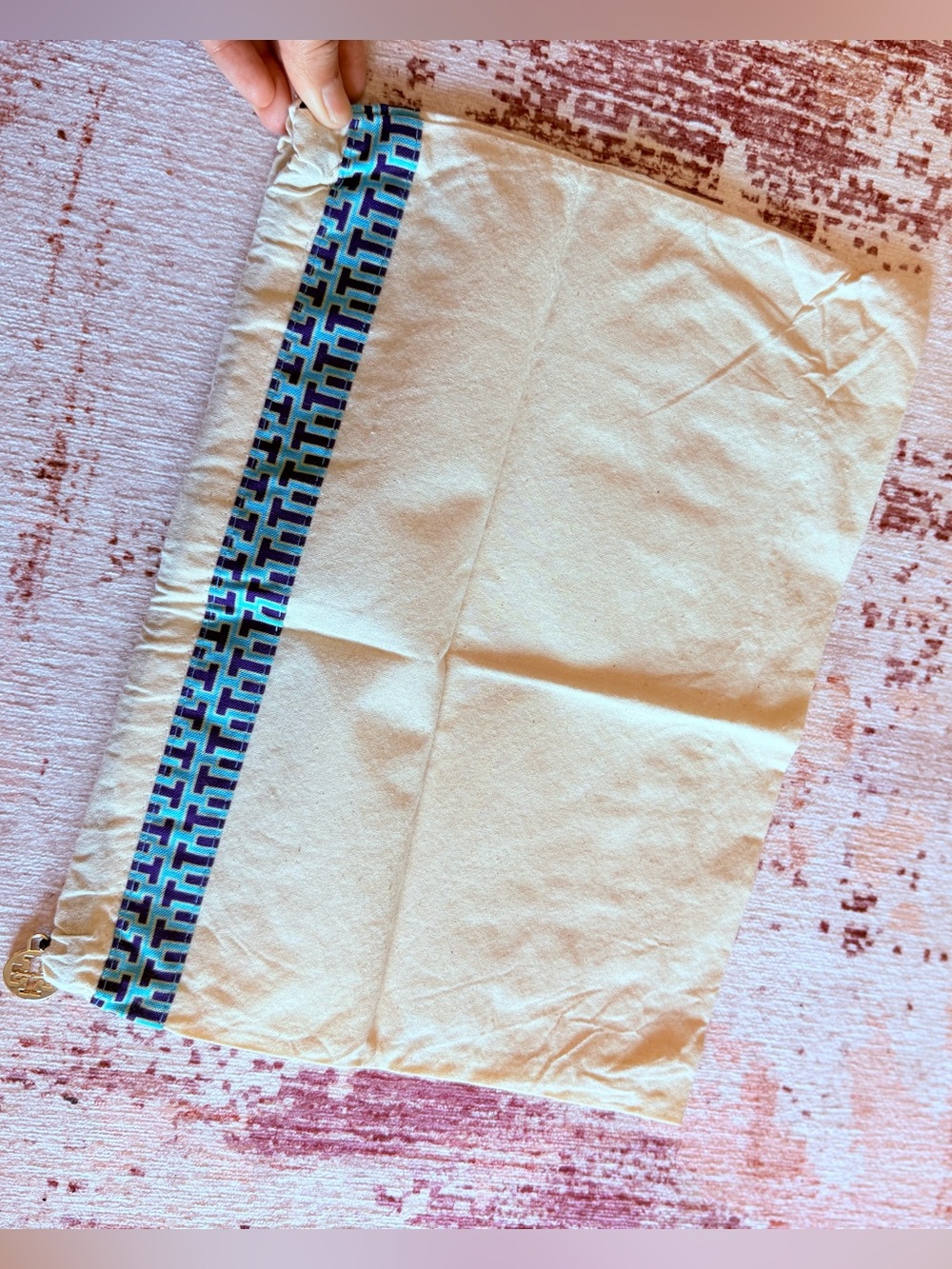 Tory burch Beige Drawstring Dust Bag with Blue Geometric Trim